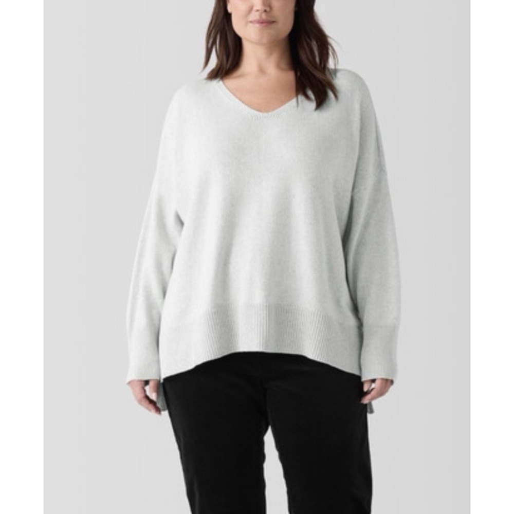 NWT Eileen Fisher 2X Gray V-Neck Sweater Boxy Oversized Cotton Cashmere Coquette